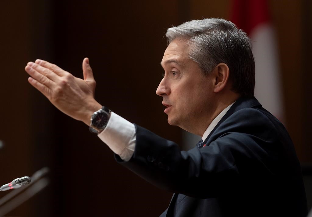 Foreign Affairs Minister Francois-Philippe Champagne gestures as he responds to a question at a news conference in Ottawa, Thursday, April 2, 2020.