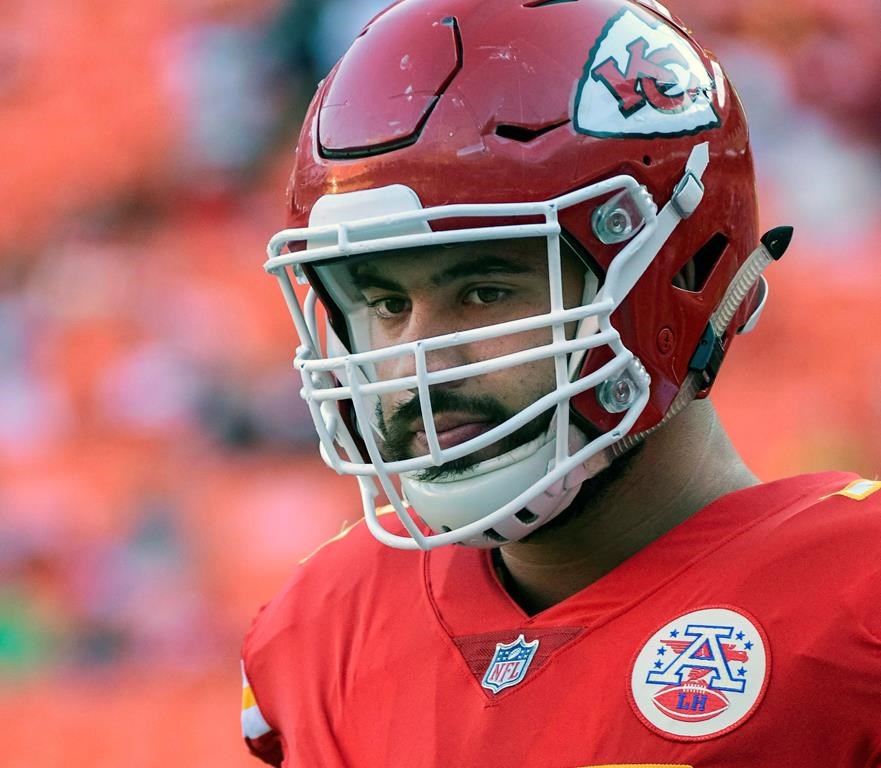 Kansas City Chiefs offensive lineman Laurent Duvernay-Tardif (76) is shown during pre-game warmups before an NFL preseason football game in Kansas City, Mo. Aug. 11, 2017.