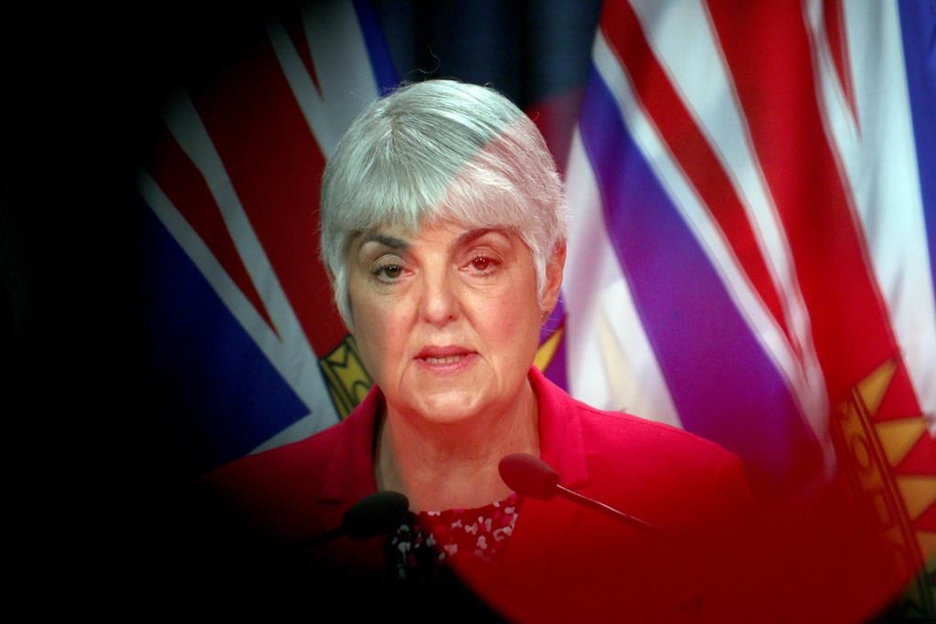 Minister of Finance Carole James speaks to the media during a press conference at Legislature in Victoria, B.C., on Monday, March 23, 2020. THE CANADIAN PRESS/Chad Hipolito.