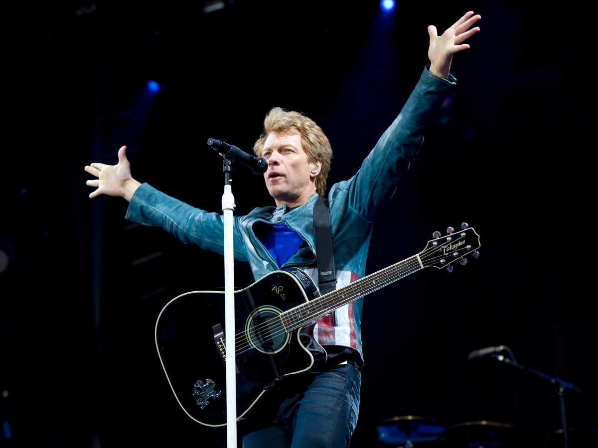 Jon Bon Jovi, of the American rock band Bon Jovi, performing onstage during the Isle of Wight Festival, in Seaclose Park, Newport, Isle of Wight, U.K.