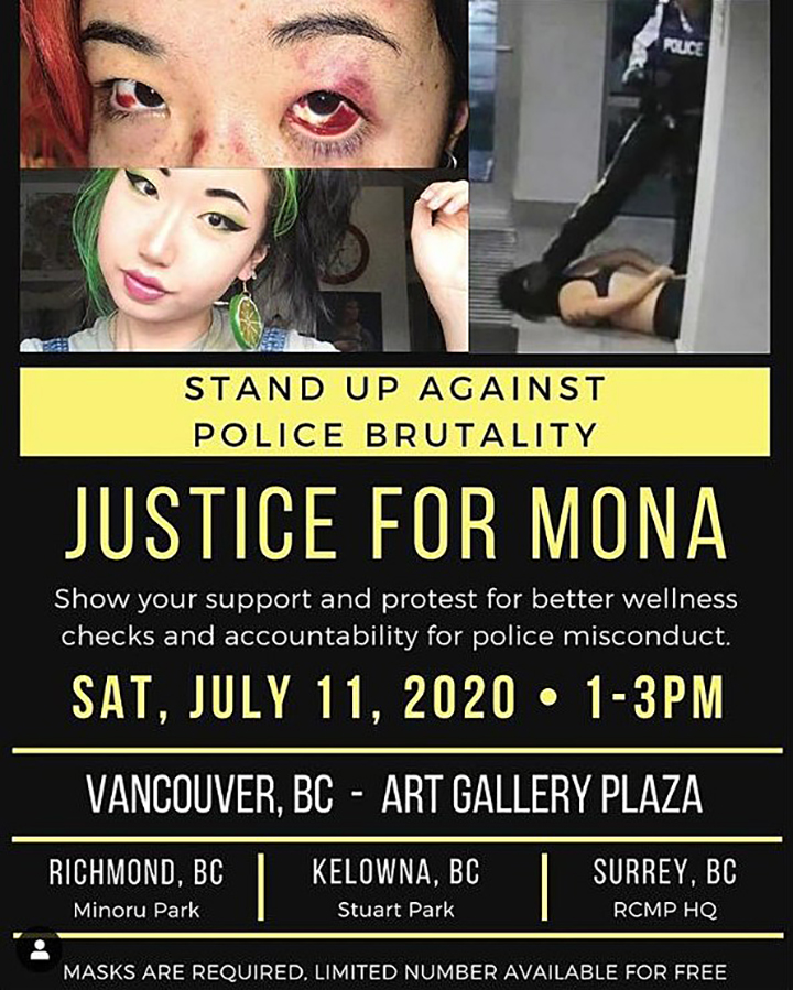 A poster showing dates and times for planned protests in B.C., on Saturday, July 11, 2020.