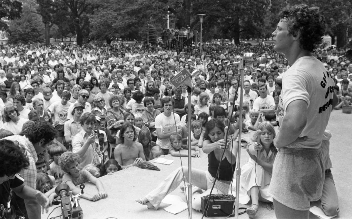 Terry Fox speaking to supporters in Victoria Park in London, Ont., on July 17, 1980, as part of his Marathon of Hope.