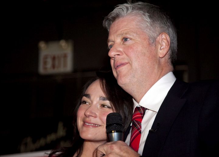 Calgary Centre Liberal candidate Harvey Locke, right, and his wife Marie-Eve Marchand, speak to supporters after watching election returns in Calgary on Monday, Nov. 26, 2012.