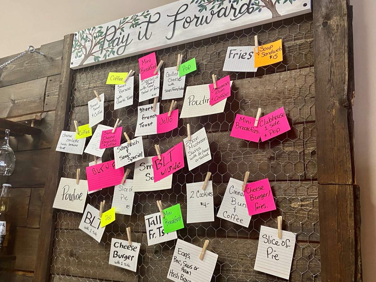 The “Pay it Forward” board is full at M & J’s Country Kitchen in Oliver, B.C.
