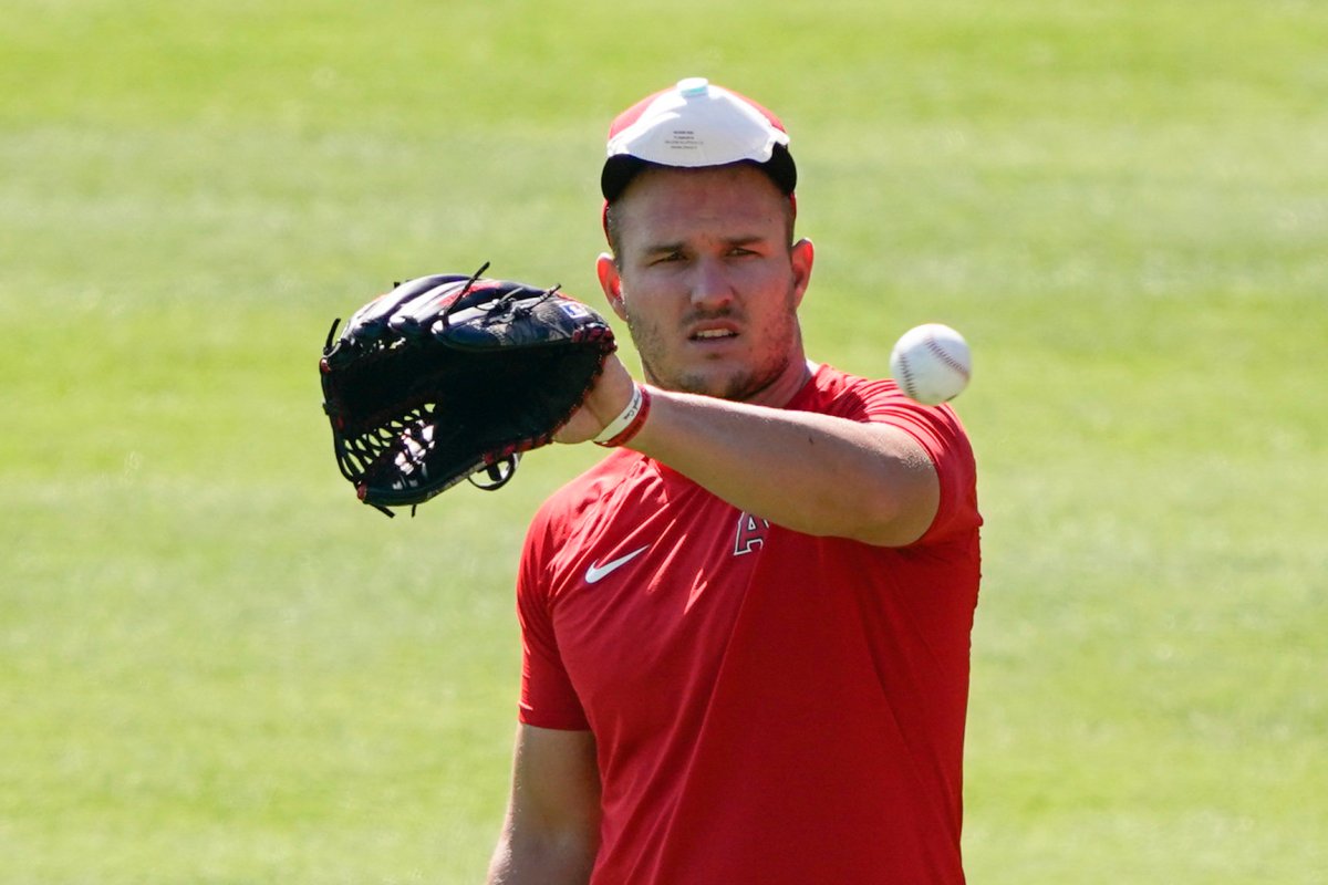 Los Angeles Angels centre-fielder Mike Trout catches a ball during baseball practice at Angels Stadium on Saturday, July 4, 2020, in Anaheim, Calif. 