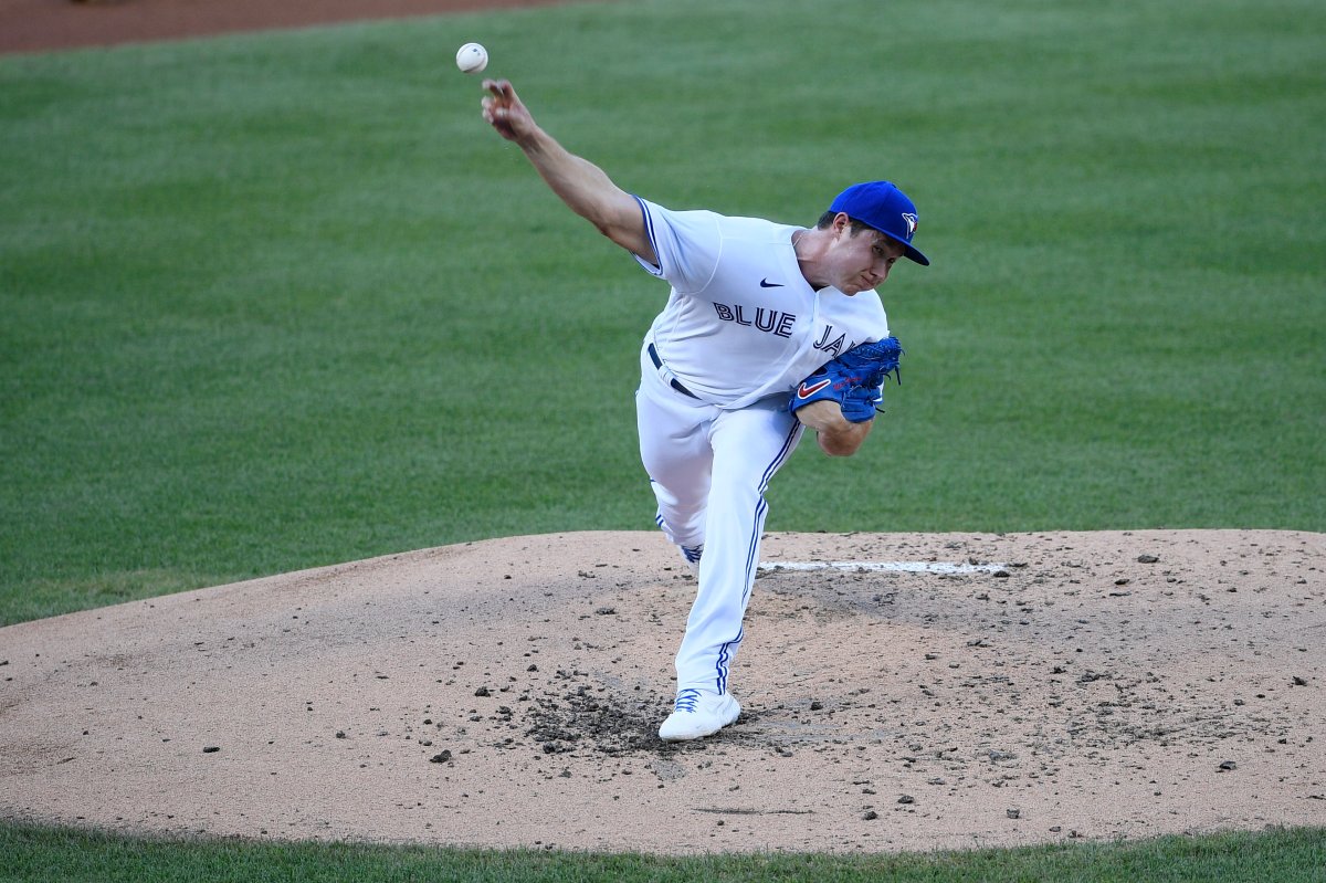Toronto Blue Jays starting pitcher Nate Pearson delivers a pitch during the third inning of a baseball game against the Washington Nationals, Wednesday, July 29, 2020, in Washington.