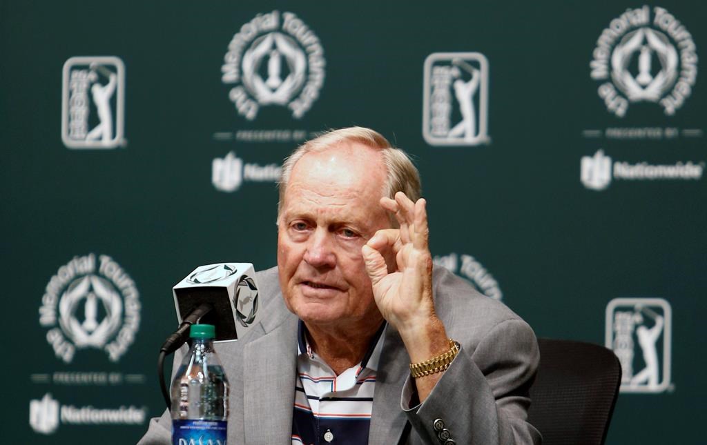 This May 30, 2017, file photo, shows Jack Nicklaus answering questions during a news conference a few days before the start of the Memorial golf tournament in Dublin, Ohio.