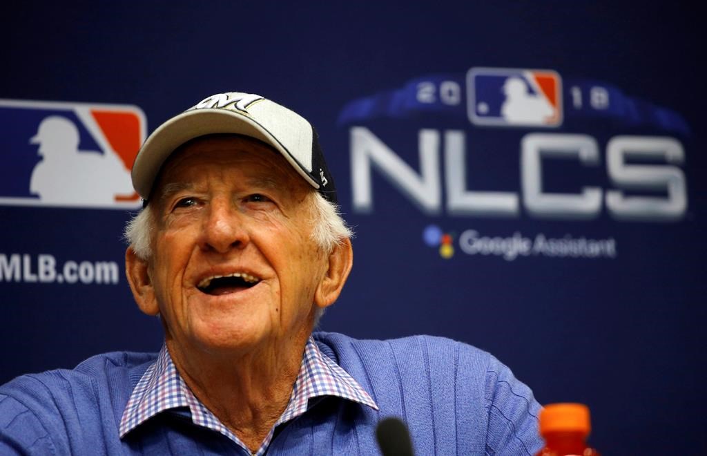 Milwaukee Brewers sportscaster Bob Uecker speaks at a news conference Friday, Oct. 12, 2018, in Milwaukee.