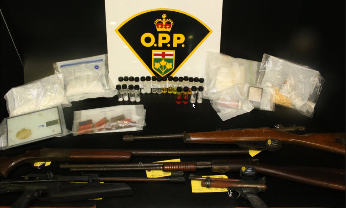 Wellington County OPP say officers seized a number of drugs and guns just outside of Guelph, Ont. 
