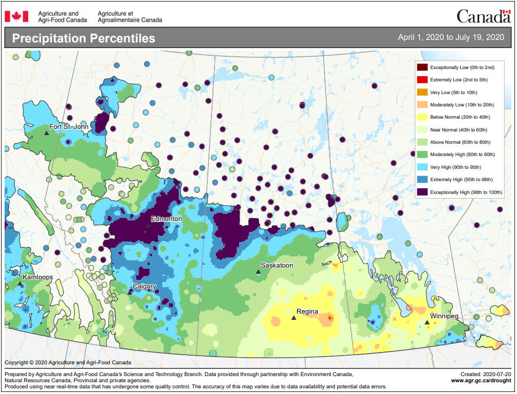 Precipitation percentiles for Saskatchewan since April 1, 2020. 