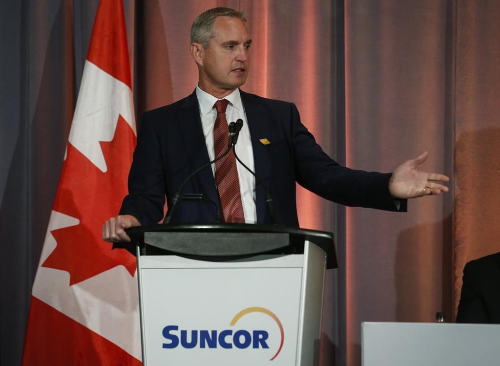 Suncor president and CEO Mark Little addresses the company's annual meeting in Calgary, Thursday, May 2, 2019.