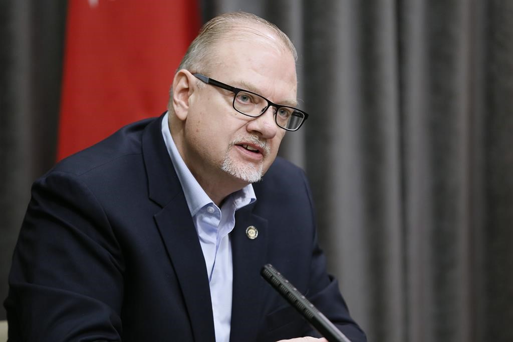 Manitoba Education Minister Kelvin Goertzen speaks during a COVID-19 live-streamed press conference at the legislature in Winnipeg, Tuesday, March 31, 2020. The provincial government says most Manitoba students will be back in class on Sept. 8. THE CANADIAN PRESS/John Woods.