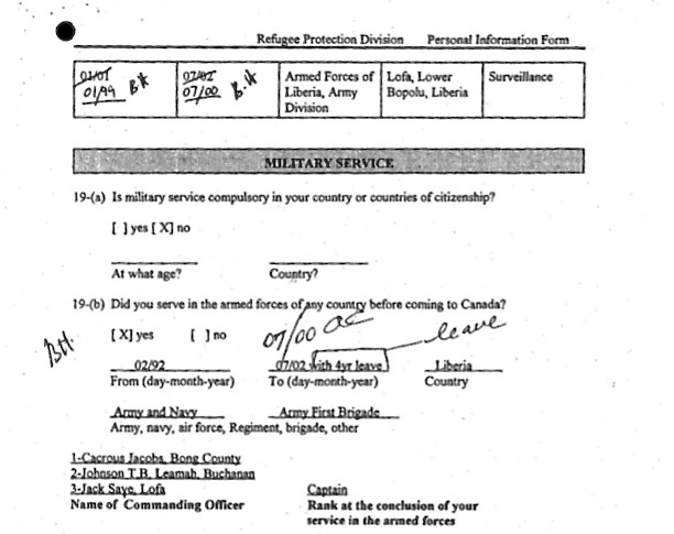 Immigration documents show that Canadian officials knew almost immediately of Bill Horrace’s involvement in the Liberian forces, although he only admitted to being an army chaplain and conducting “surveillance.”