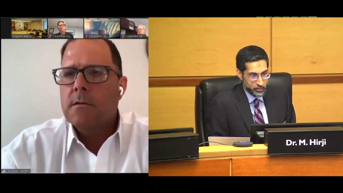 St. Catharines mayor Walter Sendzik poses questions to Niagara Region's medical officer of health Dr. Mustafa Hirji during a special virtual council meeting in Niagara region on July 8, 2020.