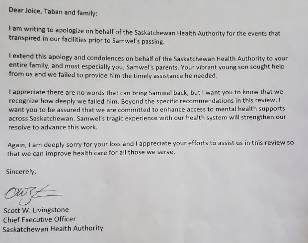 Saskatchewan Health Authority letter addressed to the family of Samwel Uko.