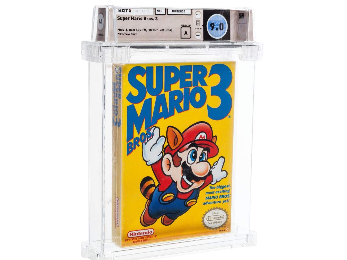 A sealed copy of a rare variant of the 1990 Nintendo game ‘Super Mario Bros. 3’ for the Nintendo Entertainment System console.