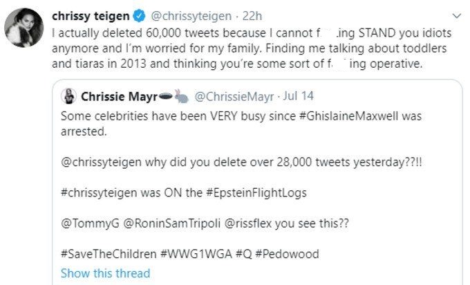 Chrissy Teigen blocks ‘one million’ Twitter users after Epstein conspiracy - image