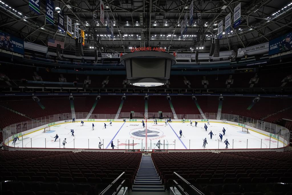 Vancouver Canucks players skate during the NHL hockey team's training camp in Vancouver, on Saturday, July 25, 2020. THE CANADIAN PRESS/Darryl Dyck.