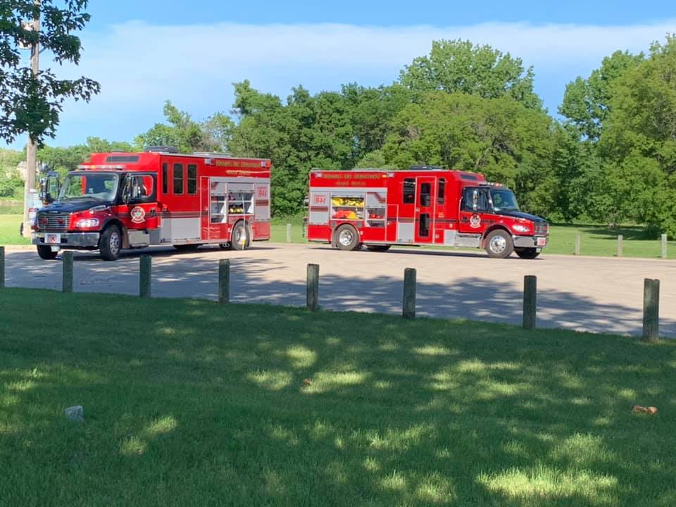 Fire trucks near the Louise Bridge where a 9-year-old boy went missing.