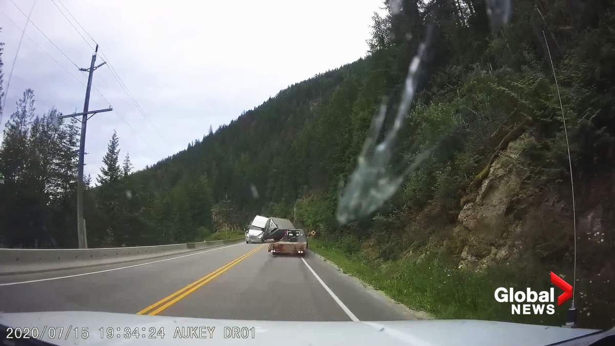 A semi-truck collides with Chad Willox’s pickup truck on the Tran-Canada highway near Sicamous