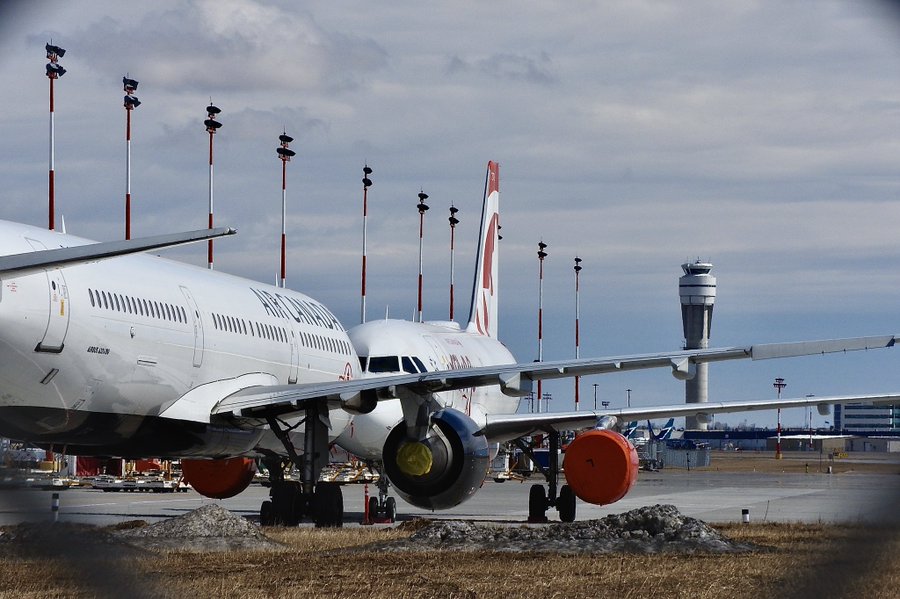 Airplanes are seen parked at YYC Calgary International Airport.  