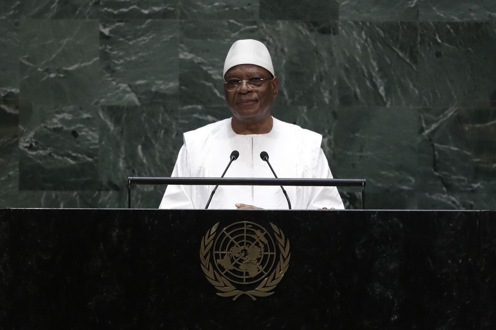 FILE - In this Wednesday, Sept. 25, 2019 file photo, Mali's President Ibrahim Boubacar Keita addresses the 74th session of the United Nations General Assembly at the United Nations headquarters. Mutinous soldiers surrounded the private residence of Mali's President Ibrahim Boubacar Keita on Tuesday, Aug. 18, 2020 firing shots into the air and deepening fears of a coup attempt following several months of demonstrations calling for his resignation.