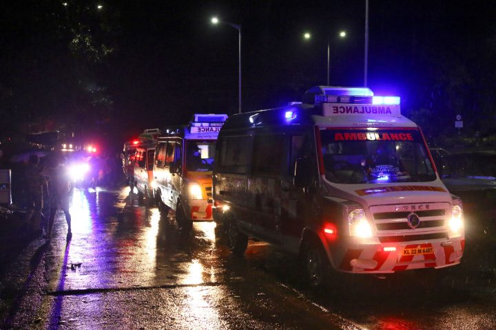 Rows of ambulances are seen outside the Calicut International Airport where a passenger plane crashed after it overshot the runway in Karipur, in the southern state of Kerala, India, August 7, 2020.