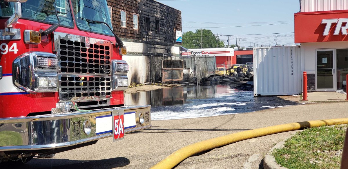 Crews responded to a fire at an Edmonton auto shop on Sunday, Aug. 2, 2020.