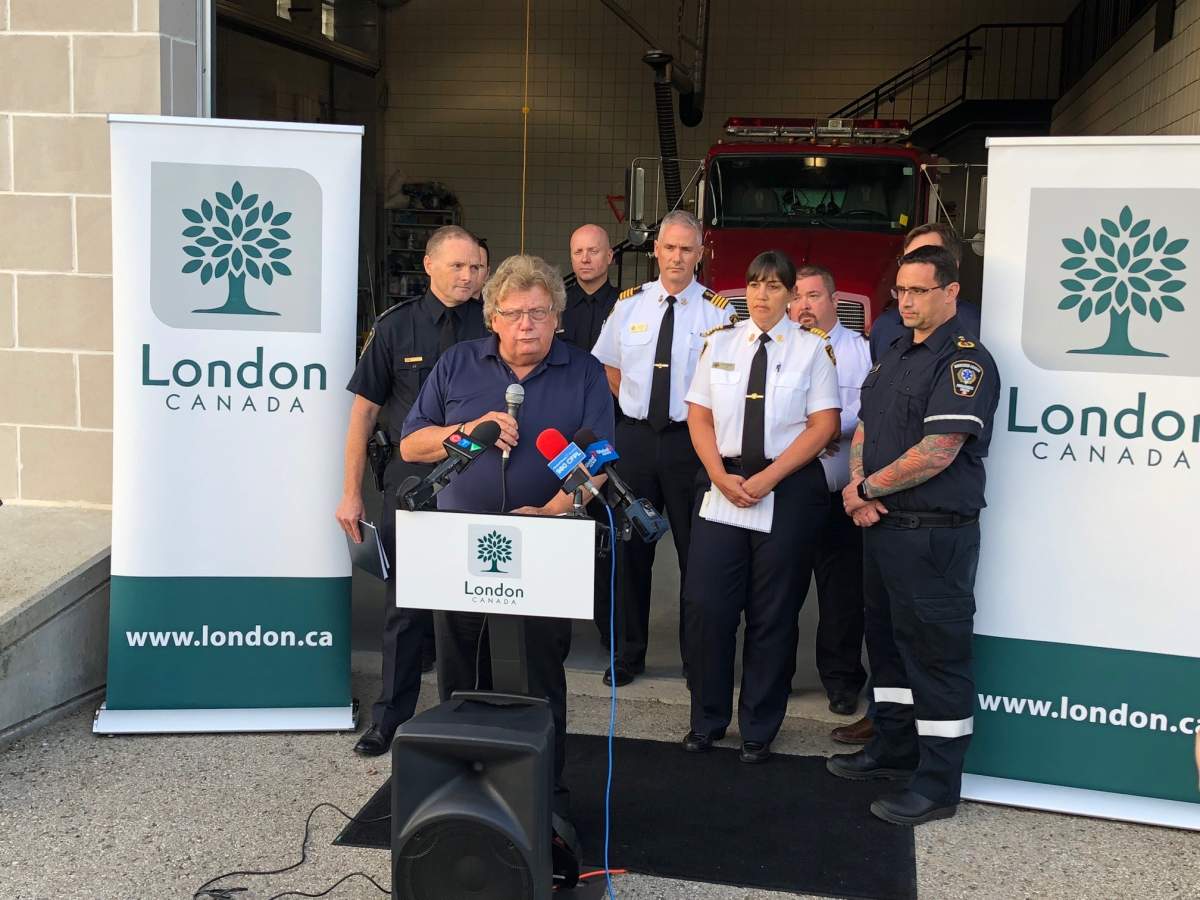 Mayor Ed Holder addressing the media the day after the Aug. 14, 2019 explosion on Woodman Ave.