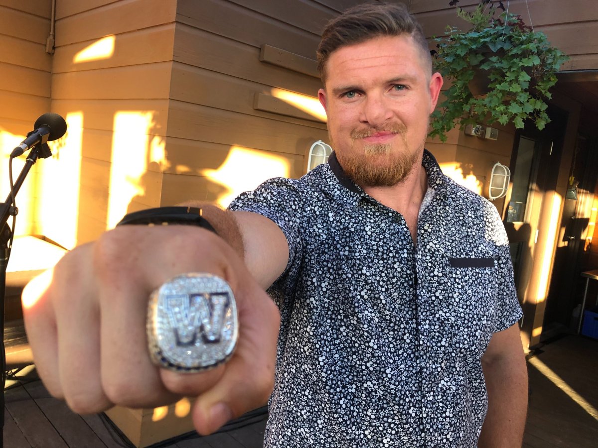 Bombers linebacker Adam Bighill shows off his Grey Cup ring.