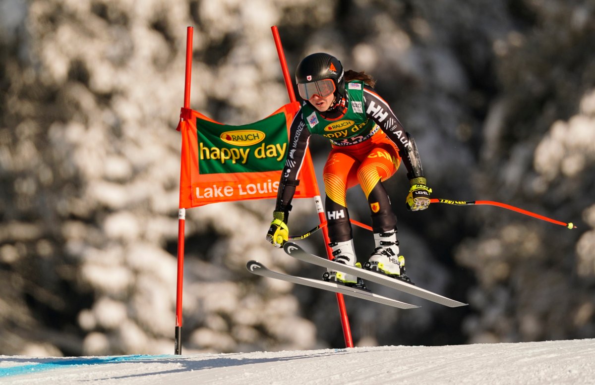 Candace Crawford, of Canada, skis down the course during the Women's World Cup Super-G ski race in Lake Louise, Alta., on Sunday, Dec. 8, 2019. 