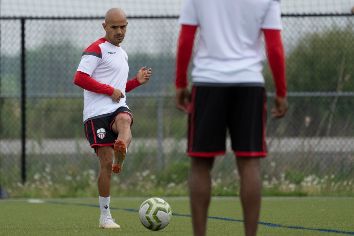 Atletico Ottawa midfielder Francisco Acuna kicks the ball during Atletico Ottawa’s first team practice of their inaugural season in the Canadian Premier League (CPL) in Ottawa, Wednesday June 3, 2020. 