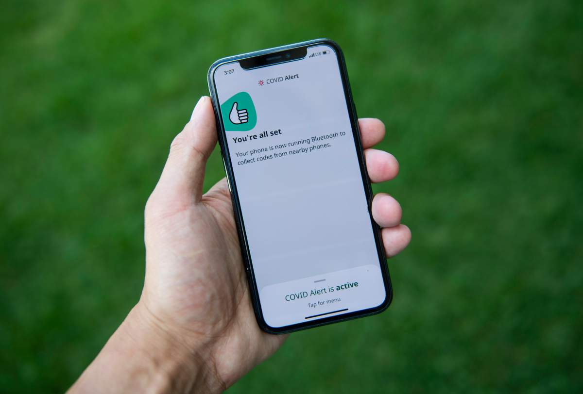 The COVID Alert app is seen on an iPhone in Ottawa, on Friday, July 31, 2020. The app tracks the locations of phones relative to other phones, and notifies users if they have been in proximity to another app user who has tested positive for COVID-19. 