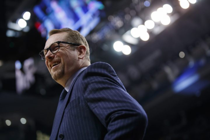 Toronto Raptors head coach Nick Nurse is a finalist for the NBA's coach of the year award. Toronto Raptors head coach Nick Nurse smiles courtside during second half NBA basketball action against the Washington Wizards, in Toronto, Friday, Jan. 17, 2020.