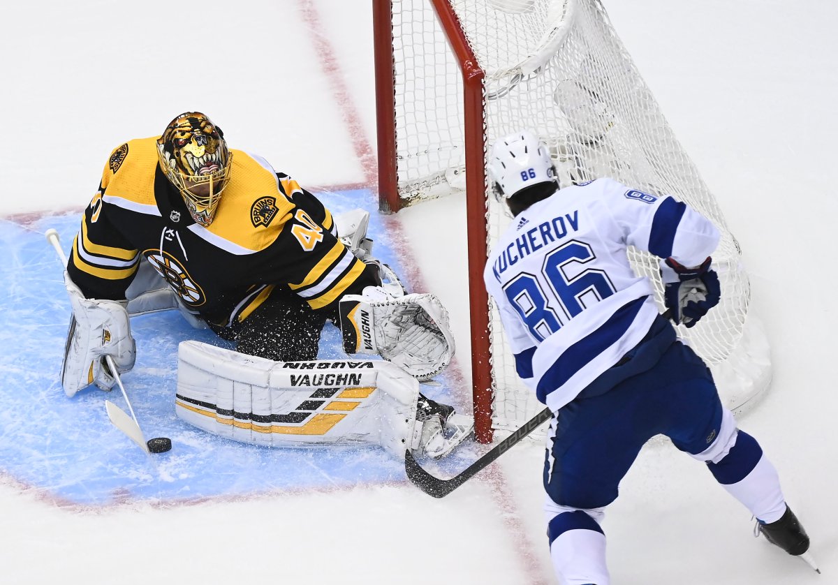 Boston Bruins goaltender Tuukka Rask (40) makes a save against Tampa Bay Lightning right wing Nikita Kucherov (86) during first period NHL Eastern Conference Stanley Cup playoff action in Toronto on Wednesday, August 5, 2020. THE CANADIAN PRESS/Nathan Denette.