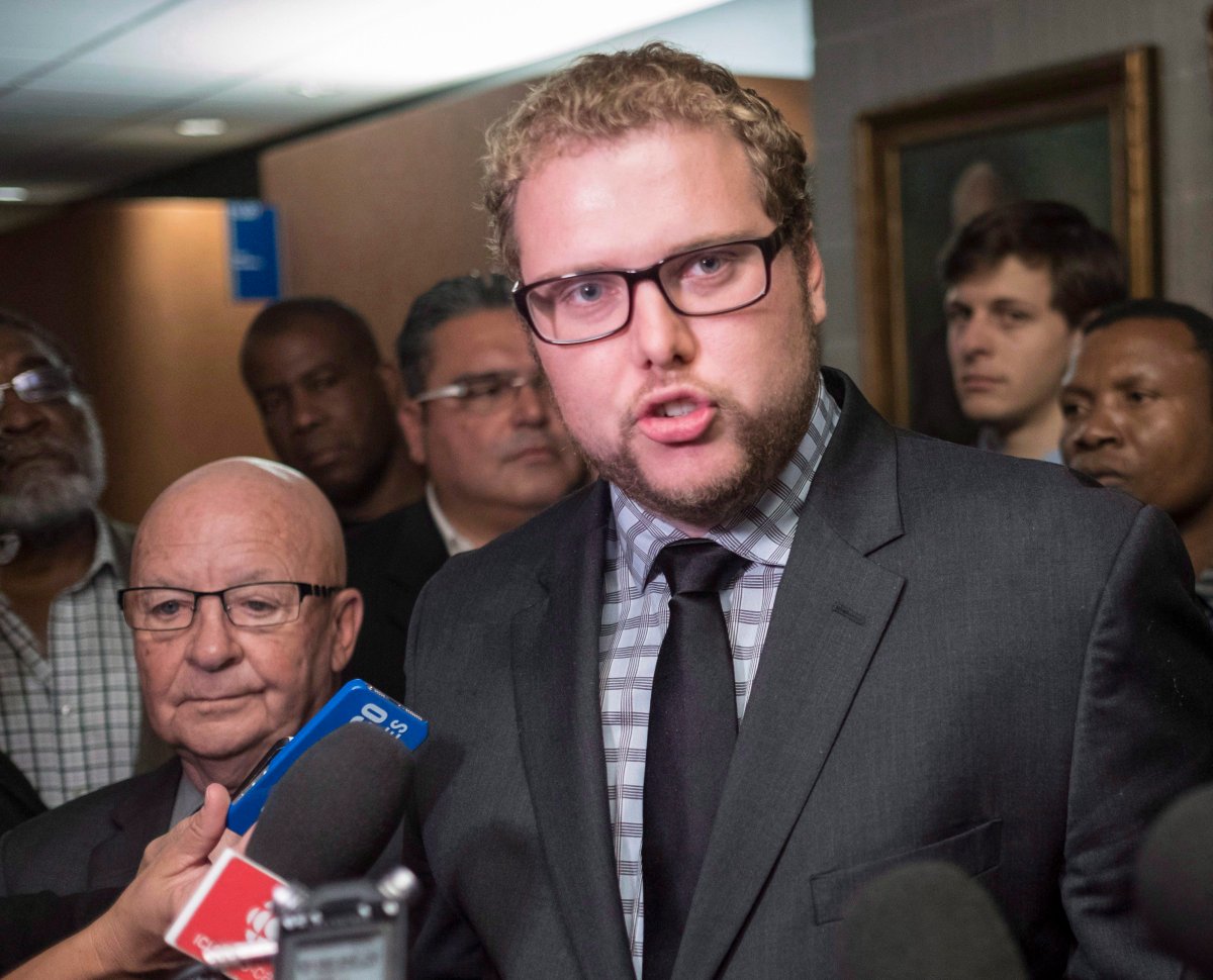 Lawyer Marc-Antoine Cloutier speaks with reporters in a Montreal courthouse Tuesday, September 20, 2016. An all-party Quebec committee looking at helping victims and survivors of sexual and conjugal violence say they stand behind a legal clinic following the recent departure of its founder due to misconduct allegations.
The committee comprising members of the four major provincial political parties said in a statement Friday they were surprised and upset by the allegations against Juripop founding lawyer and chairman Marc-Antoine Cloutier.