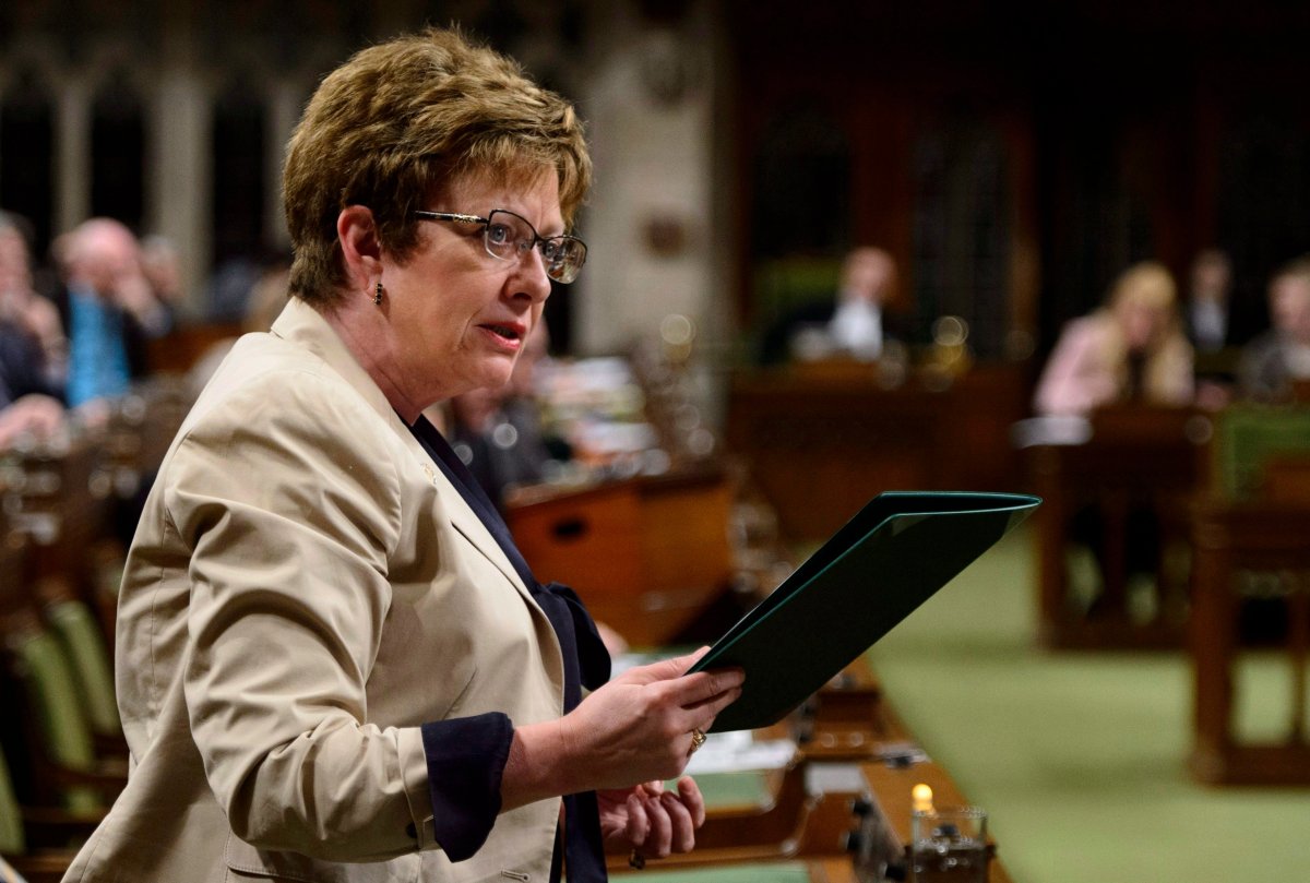 Conservative MP Diane Finley stands during question period in the House of Commons on Parliament Hill in Ottawa on May 10, 2018. 