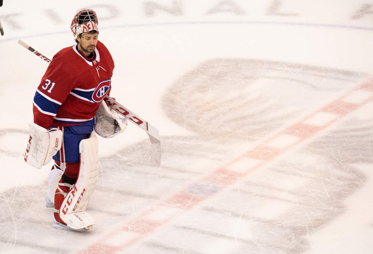 Montreal Canadiens goaltender Carey Price (31) skates over the Stanley Cup logo at centre ice after the Flyers defeated the Canadiens in NHL Eastern Conference Stanley Cup first round playoff action in Toronto on Friday, August 21, 2020.