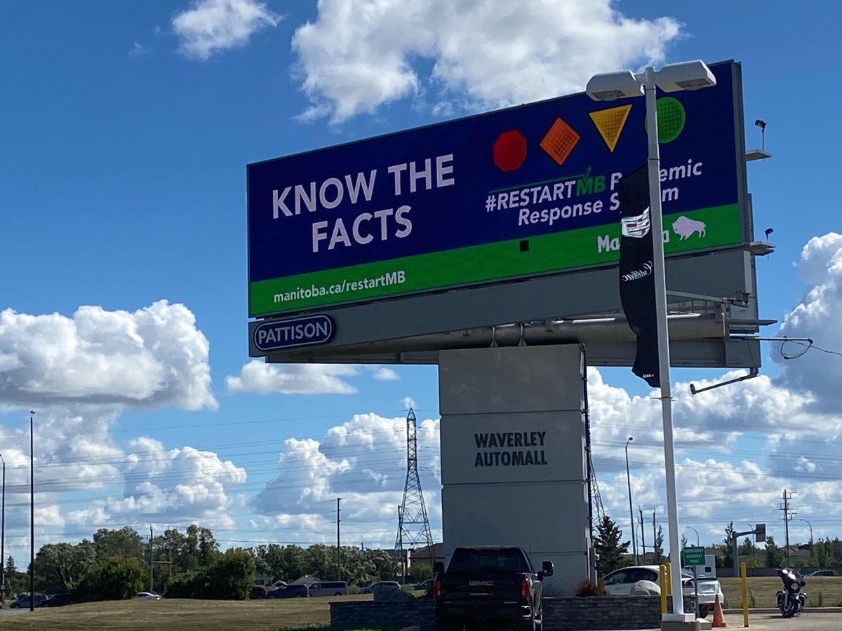 A billboard related to the COVID-19 pandemic from the Manitoba government is shown in Winnipeg on Friday Aug. 28, 2020. The government has reworked its pandemic advertising campaign following a rise in COVID-19 cases in recent weeks. THE CANADIAN PRESS/Steve Lambert.