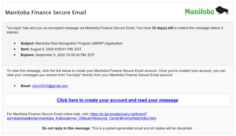The email sent to a recipient of the Manitoba Risk Recognition Program.