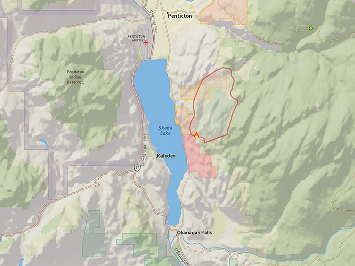 A map showing the location of the Christie Mountain wildfire in the South Okanagan. The green dot in the upper right is also a wildfire, albeit one that’s 0.16 hectares in size and is deemed to be under control.