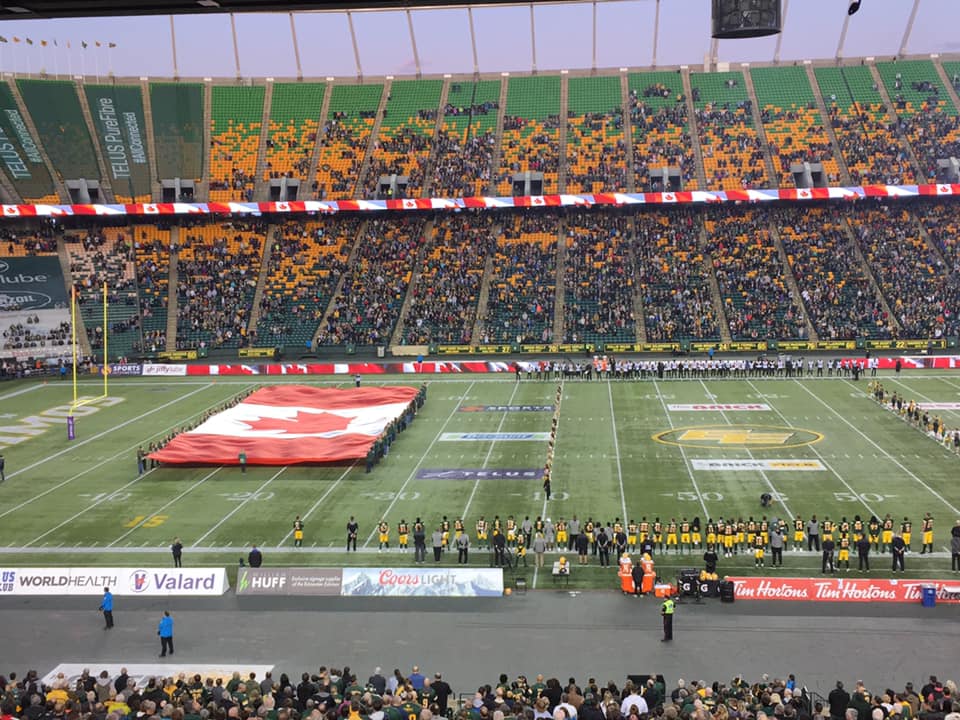 The national anthem at Commonwealth Stadium on Friday, September 20, 2019.