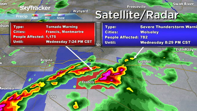 Environment Canada has issued a tornado warning for the RM of Francis and the RM of Montmartre.