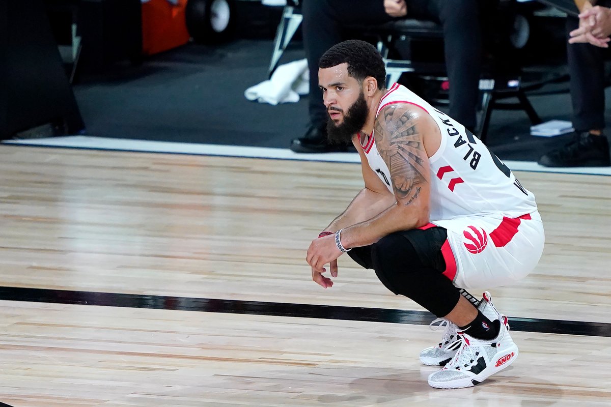 Toronto Raptors' Fred VanVleet looks on during a coach's challenge in the first half of an NBA basketball game against the Boston Celtics Friday, Aug. 7, 2020 in Lake Buena Vista, Fla.