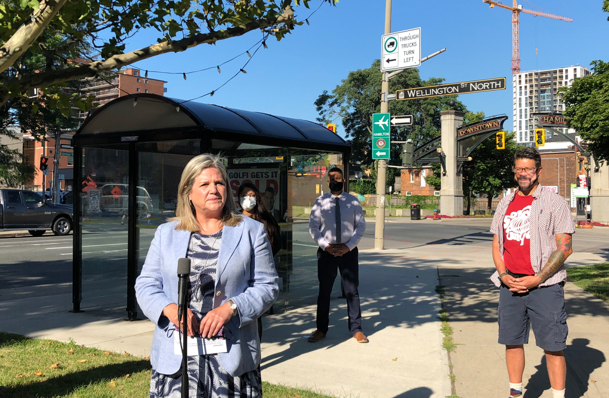 Ontario NDP leader and Hamilton Centre MPP Andrea Horwath addressed the redacted LRT report in downtown Hamilton on Friday, along with Ward 3 Councillor Nrinder Nann, Hamilton Centre MP Matthew Green, and Tim Potocic, owner of Sonic Unyon Records.