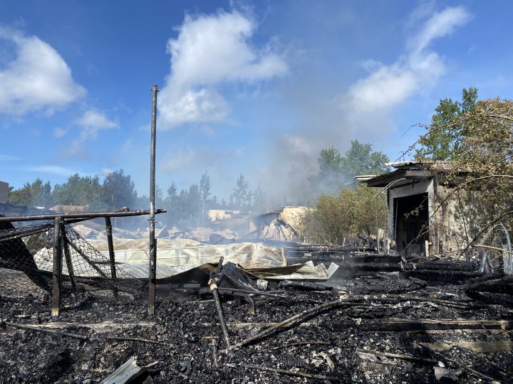 What is left of the old arena in Uranium City after it burned to the ground on Aug. 19, 2020.