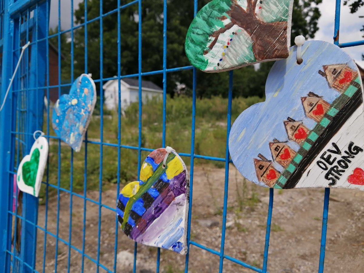 Hearts along a fence on Woodman Avenue as seen on Aug. 11, 2020.