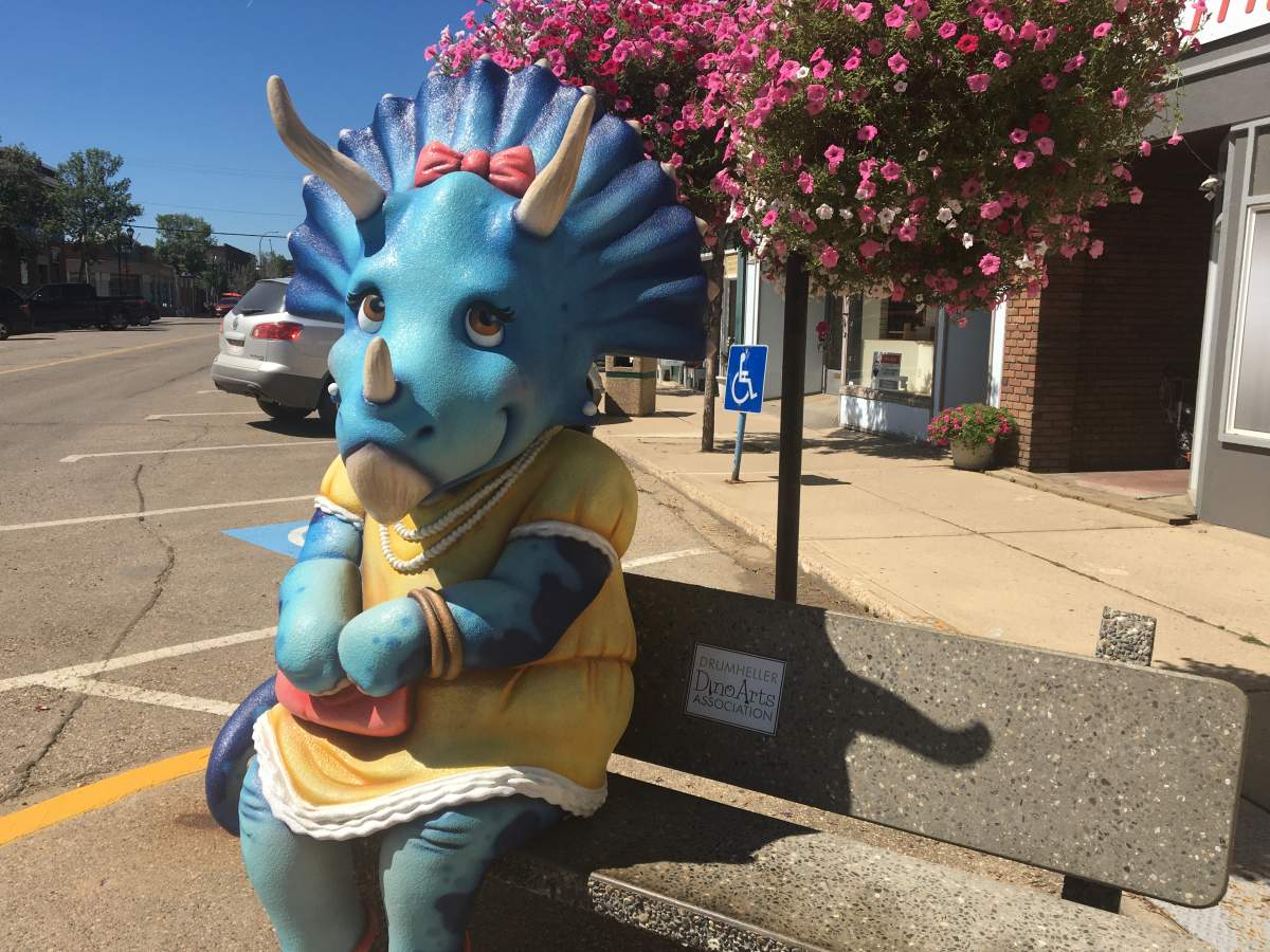 A blue triceratops in Drumheller, Alta., on Tuesday, Aug. 4, 2020.