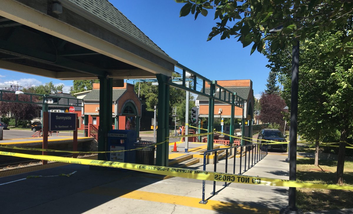 Calgary police investigate the assault of a senior on the Sunnyside LRT platform on Saturday, Aug. 15, 2020.