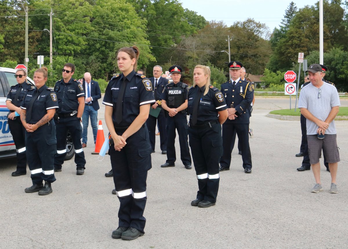 First responders at ceremony at Emergency Operation Centre on Boler Rd to thank them for their work during the Woodman Avenue explosion, August 14, 2020